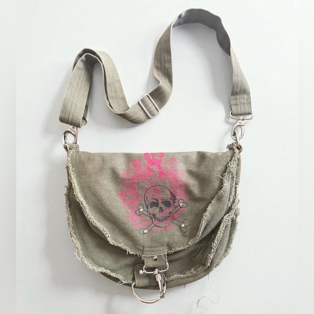 VTG Y2K Foldover Military Utility Stud Skull Crossbody Messenger Bag in Green